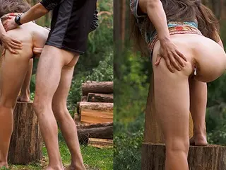 Public anal creampie in the woods. Real amateur couple ass fuck outdoor